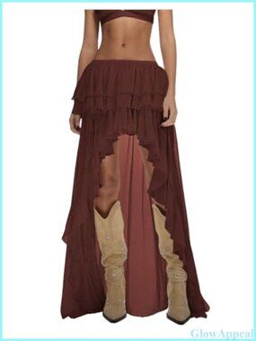 Boho Layered Ruffle Chiffon Maxi Skirt Elastic Waist Y2K